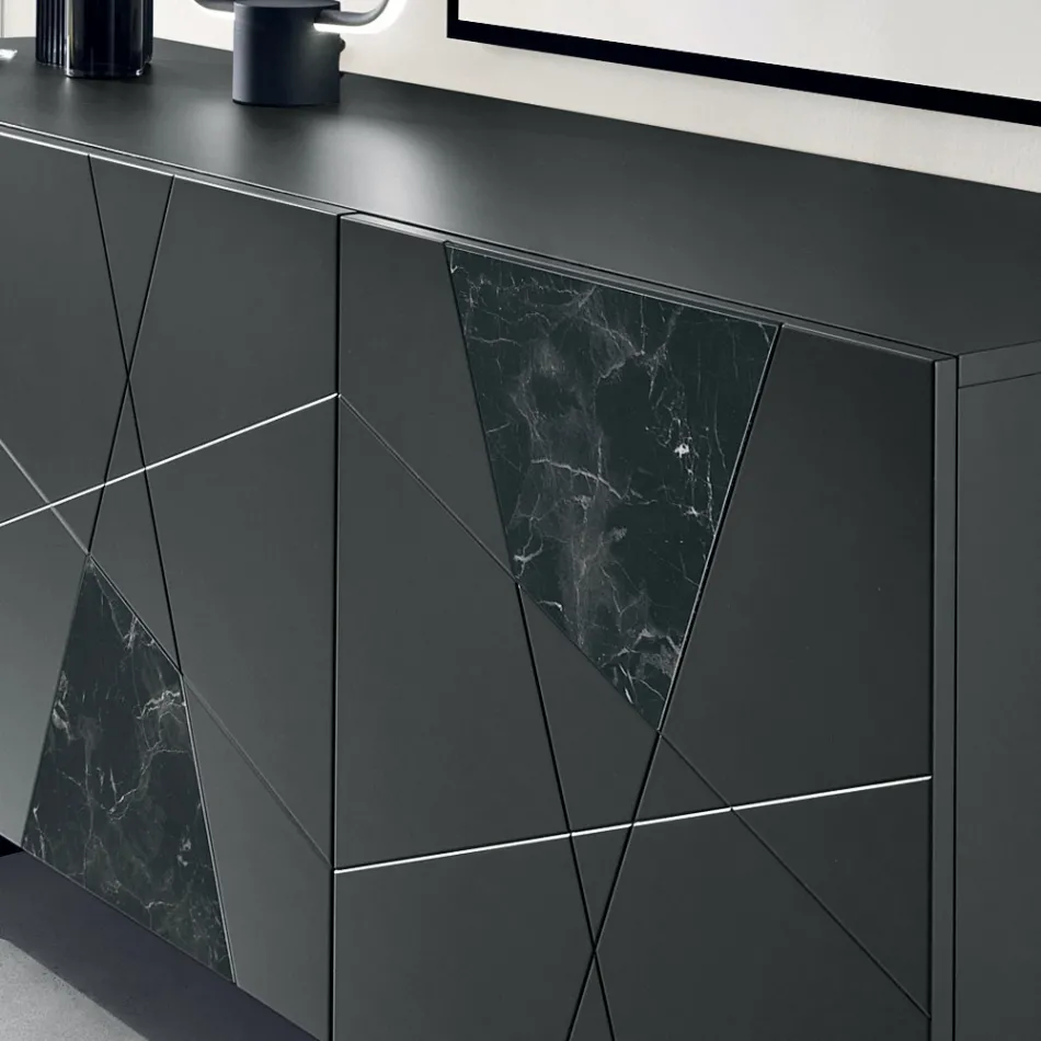 Madia con 3 Ante in MDF Laccato Pantografate e Inseri in Vetro Effetto Marmo - Danila Viadurini