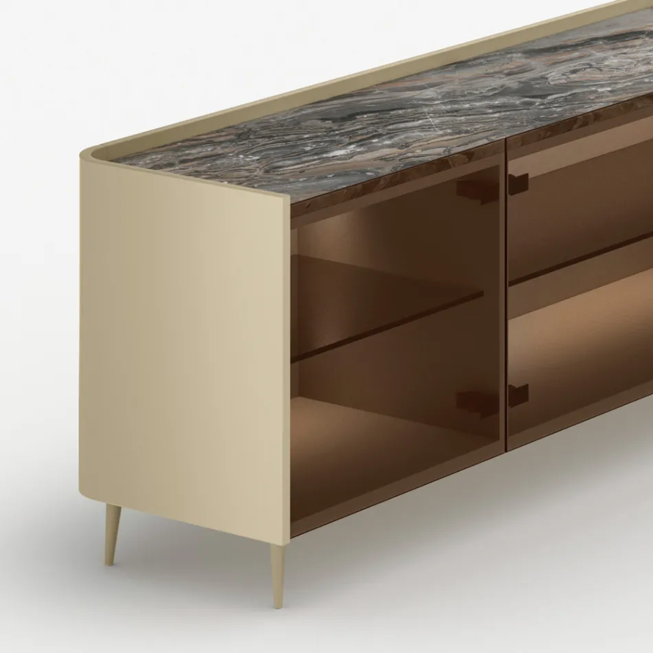Madia in Legno Curvo Laccato con Ante in Vetro Bronzo Made in Italy - Lyra Viadurini
