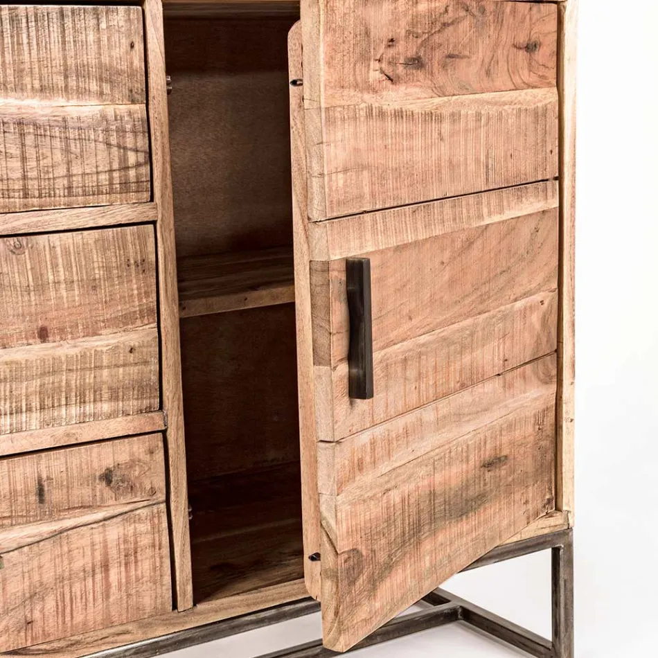 Madia in Legno di Acacia e Acciaio 2 Ante e 3 Cassetti Homemotion - Aimune Viadurini