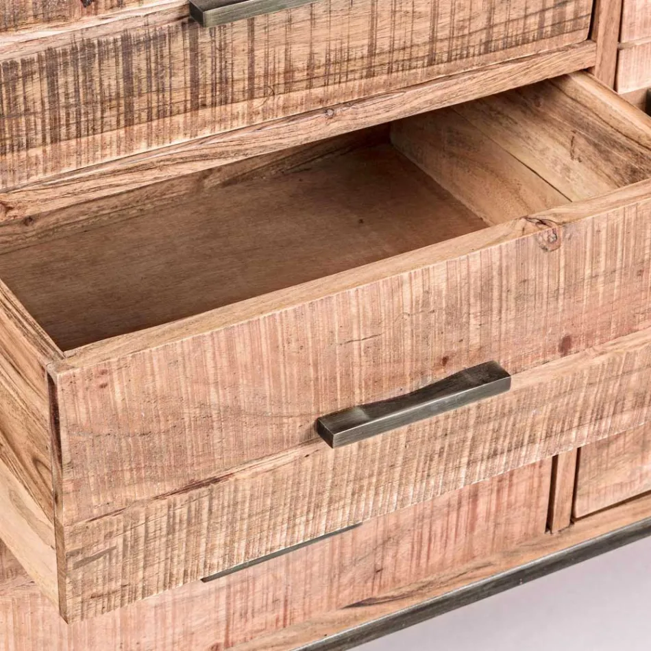 Madia in Legno di Acacia e Acciaio 2 Ante e 3 Cassetti Homemotion - Aimune Viadurini