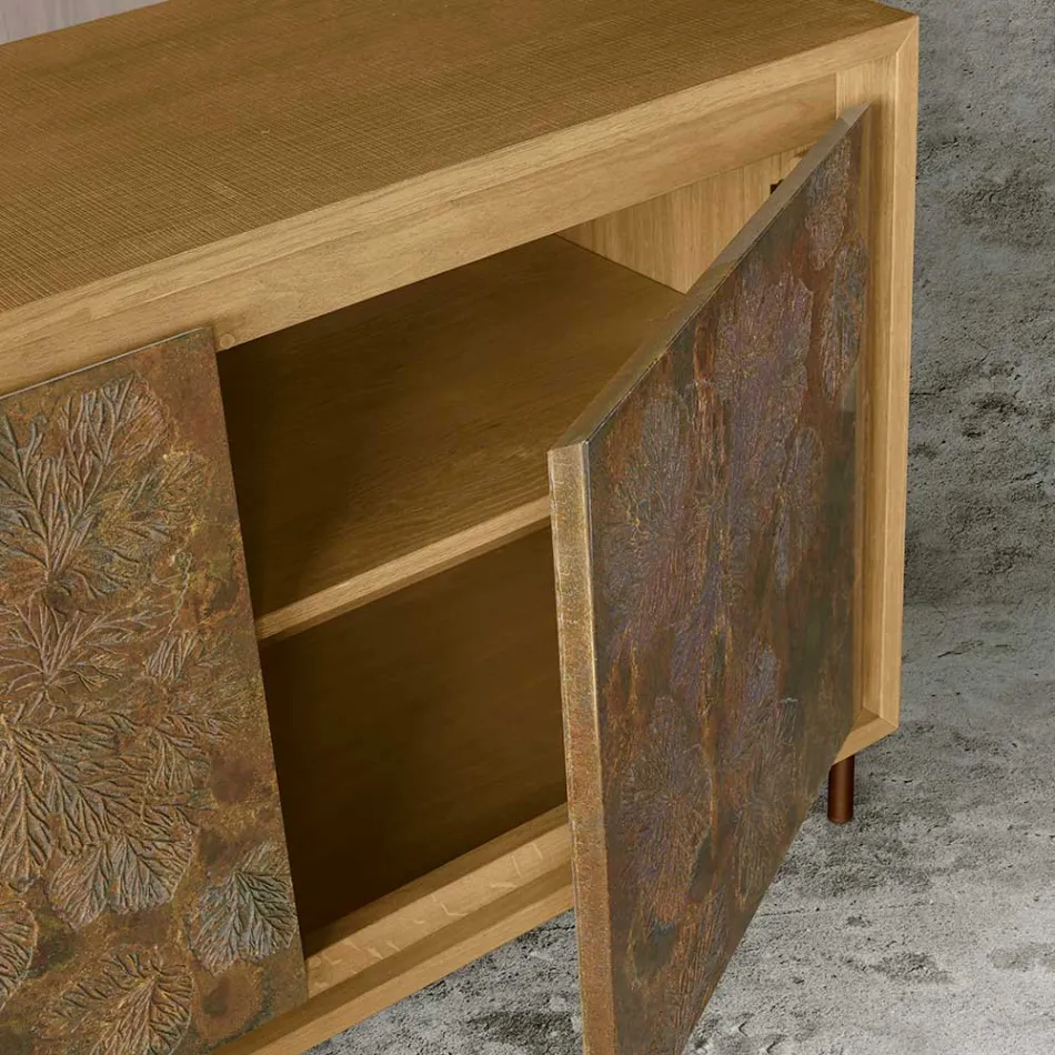 Madia in Legno Listellare con 3 Ante in MDF con Lavorazione Manuale - Veralia  Viadurini