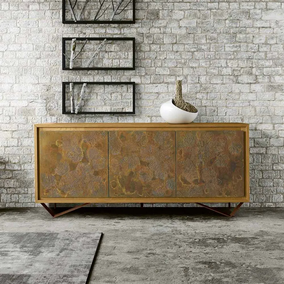 Madia in Legno Listellare con 3 Ante in MDF con Lavorazione Manuale - Veralia  Viadurini