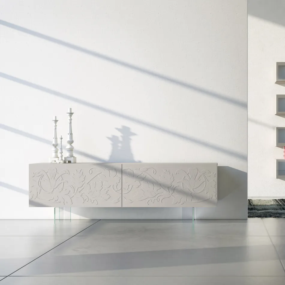 Madia in Mdf Grigio Chiaro con Piedini in Vetro Made in Italy - Germena Viadurini