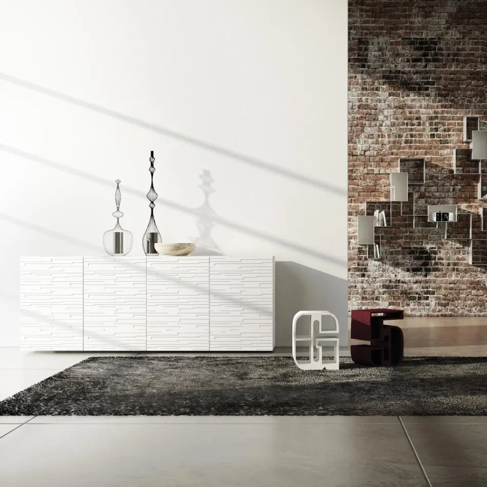 Madia in Mdf Laccato Bianco Opaco con Ante Decorate Made in Italy - Chicago Viadurini