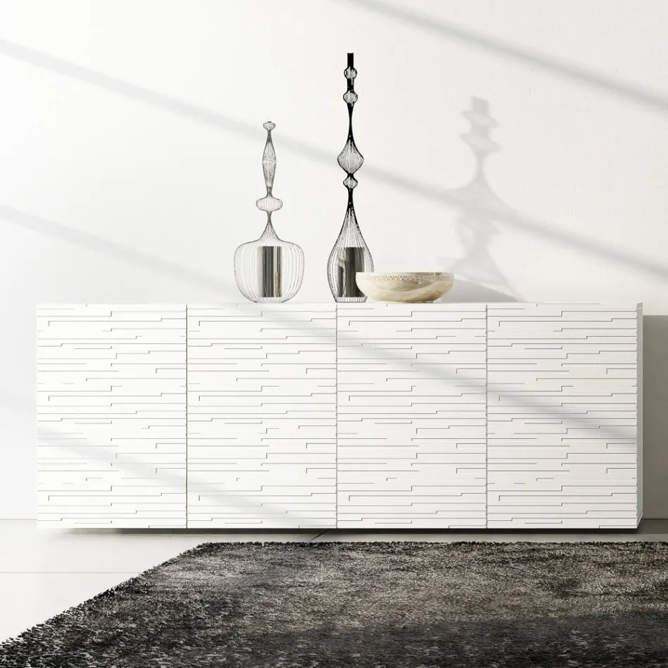 Madia in Mdf Laccato Bianco Opaco con Ante Decorate Made in Italy - Chicago Viadurini