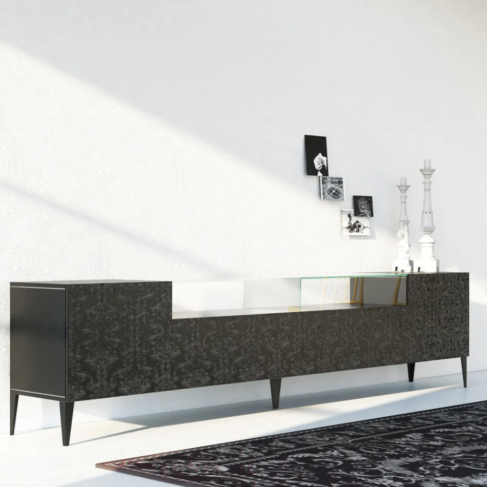 Madia in Mdf Nero con Teca in Vetro e Ante Decorate Made in Italy - Marissa Viadurini