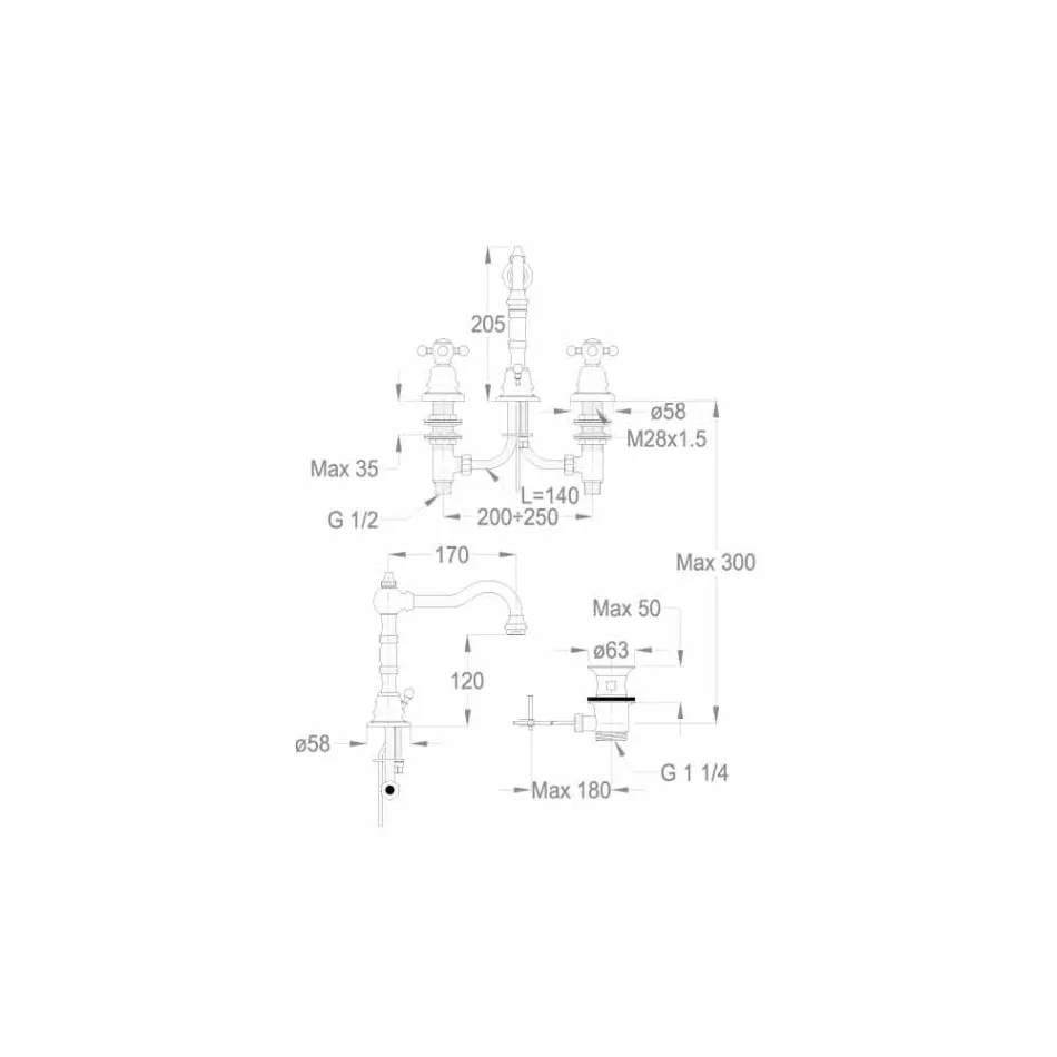Miscelatore per Lavabo Bagno a Tre Fori in Ottone Moderno Made in Italy - Binsu Viadurini