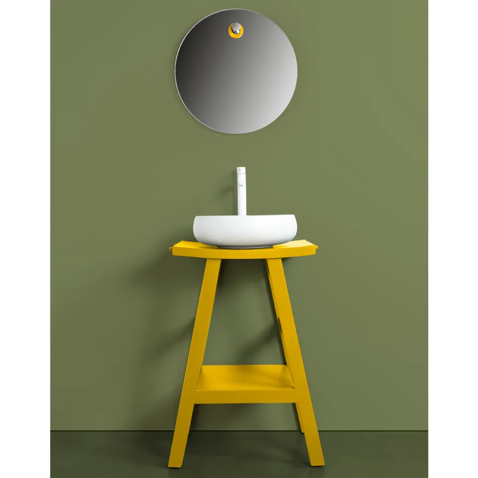 Mobile Arredo Bagno in Teak di Recupero con Top Semicurvo Giallo - Raomi Viadurini