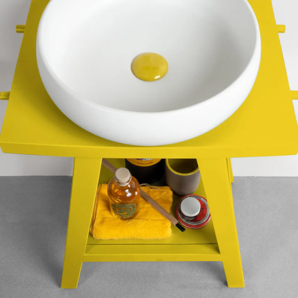 Mobile Arredo Bagno in Teak di Recupero con Top Semicurvo Giallo - Raomi Viadurini