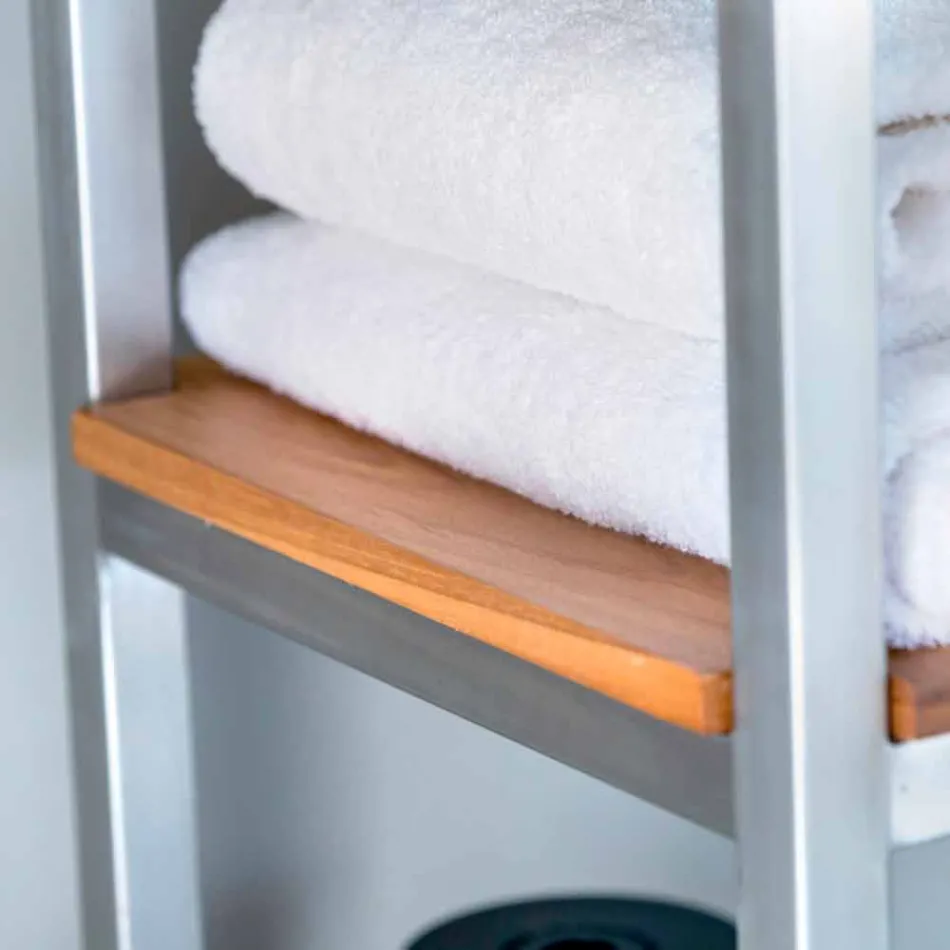 Mobile Bagno a Colonna in Teak e Acciaio con 4 Ripiani a Giorno - Tamburino Viadurini