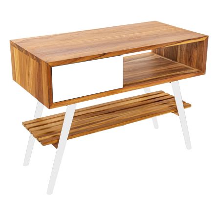 Mobile Bagno a Terra Bianco in Teak Naturale con Cassetti Colorati - Benoit Viadurini