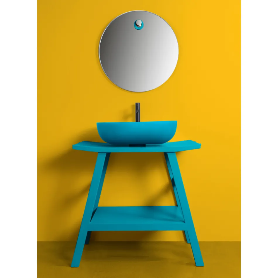 Mobile Bagno a Terra Blu in Teak e Comodo Ripiano con Top Semicurvo - Crina Viadurini