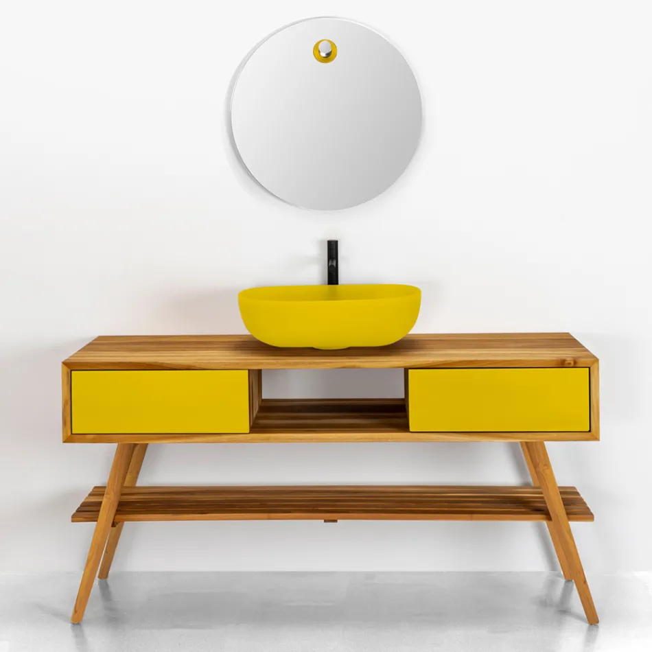 Mobile Bagno a Terra Giallo in Teak Naturale con Cassettiera  - Hamadou Viadurini