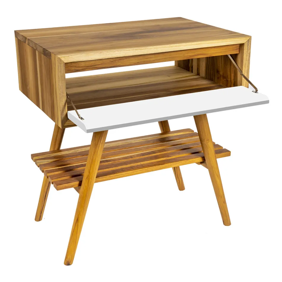 Mobile Bagno a Terra in Teak di Recupero e Piano Appoggio Bianco - Gatien Viadurini