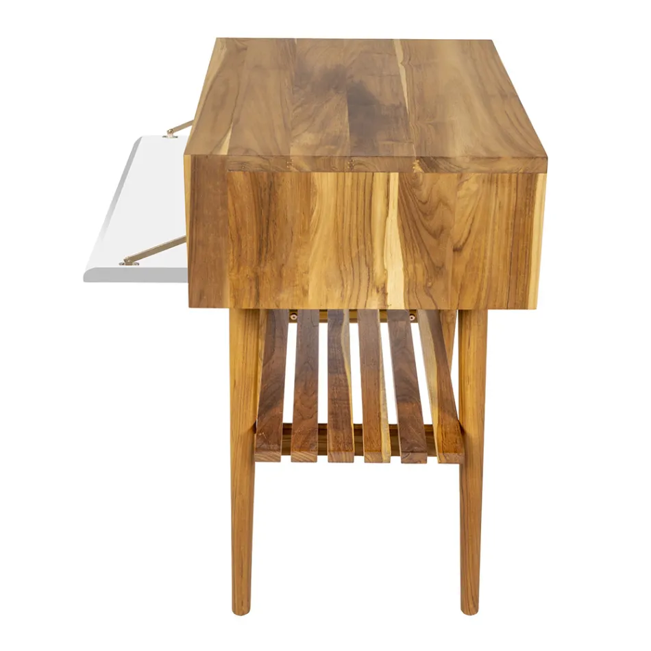 Mobile Bagno a Terra in Teak di Recupero e Piano Appoggio Bianco - Gatien Viadurini