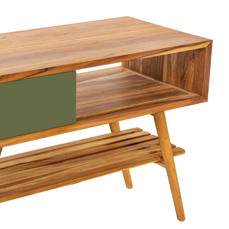 Mobile Bagno a Terra Moderno in Teak Naturale di Colore Verde - Benoit Viadurini