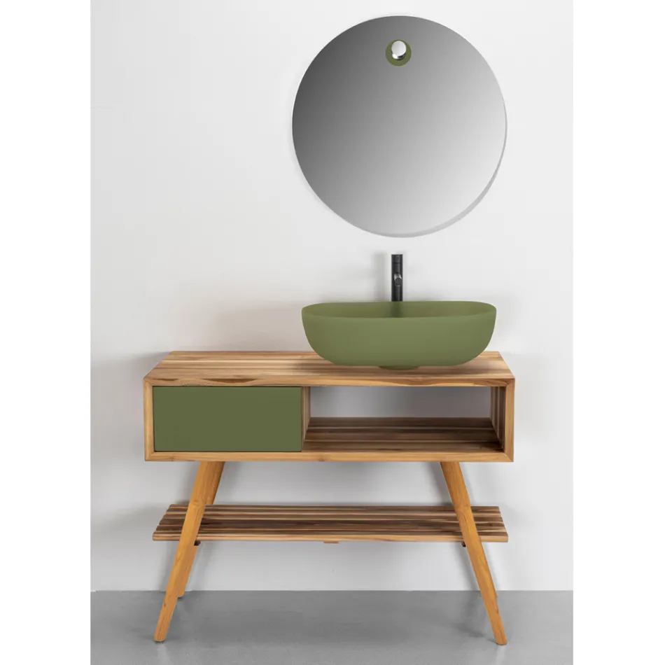 Mobile Bagno a Terra Moderno in Teak Naturale di Colore Verde - Benoit Viadurini