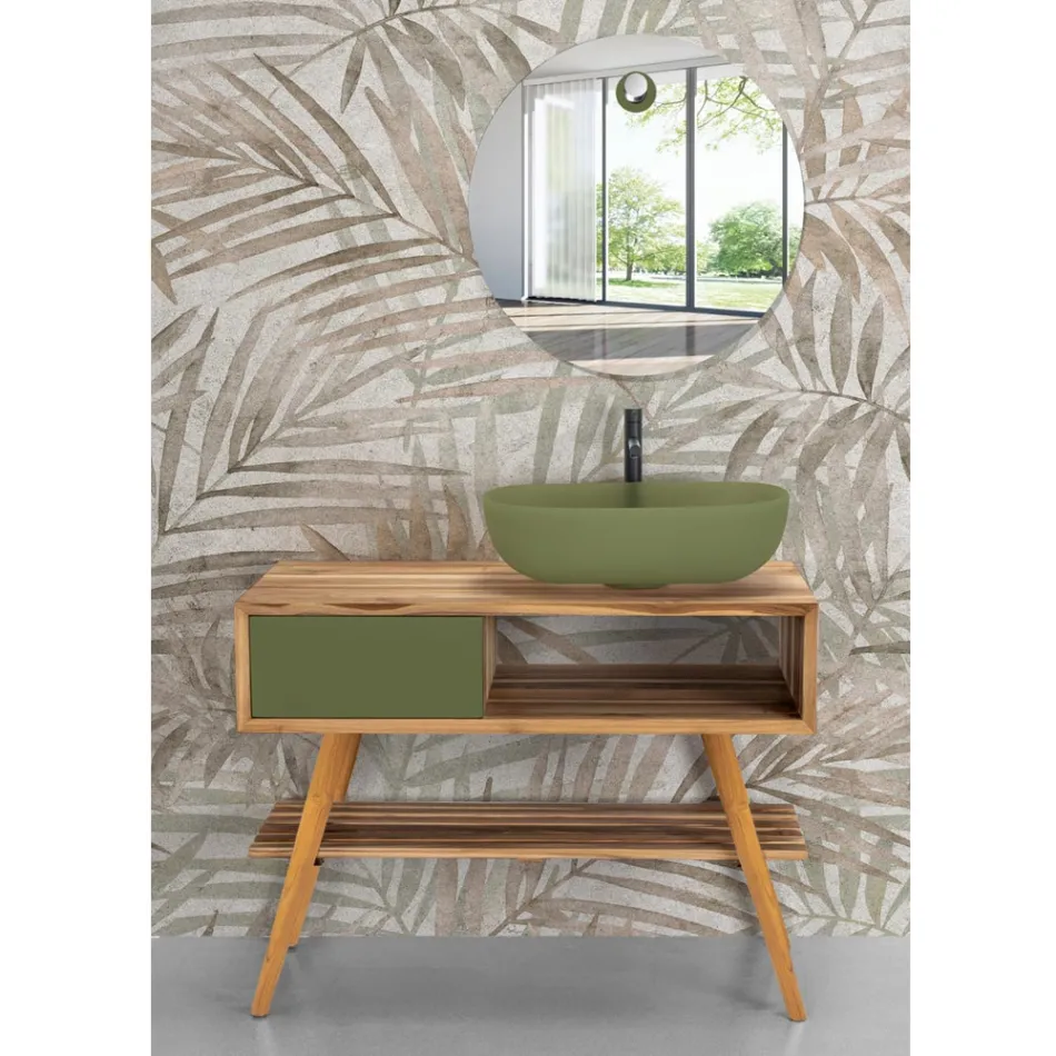 Mobile Bagno a Terra Moderno in Teak Naturale di Colore Verde - Benoit Viadurini