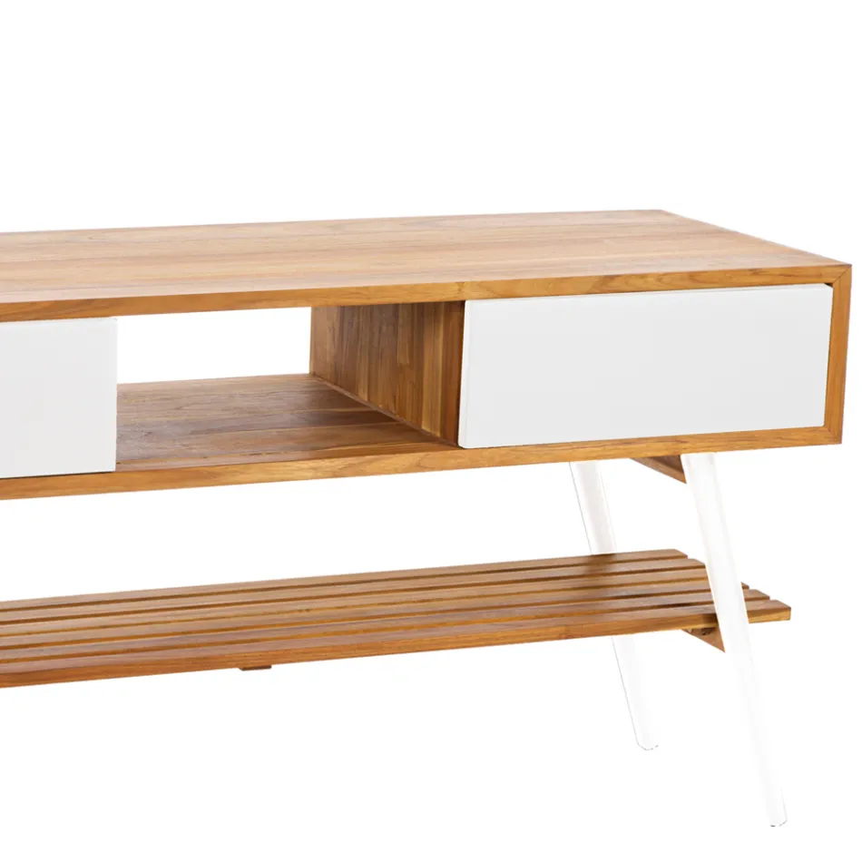 Mobile Bagno Bianco in Teak Naturale Design Moderno con Cassetti Bianchi - Hamadou Viadurini