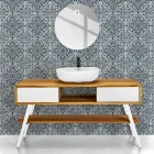 Mobile Bagno Bianco in Teak Naturale Design Moderno con Cassetti Bianchi - Hamadou Viadurini