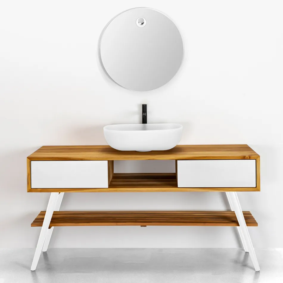 Mobile Bagno Bianco in Teak Naturale Design Moderno con Cassetti Bianchi - Hamadou Viadurini