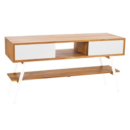 Mobile Bagno Bianco in Teak Naturale Design Moderno con Cassetti Bianchi - Hamadou Viadurini