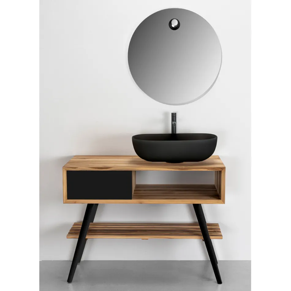 Mobile Bagno Colore Nero Moderno in Teak Naturale con Cassetti - Benoit Viadurini