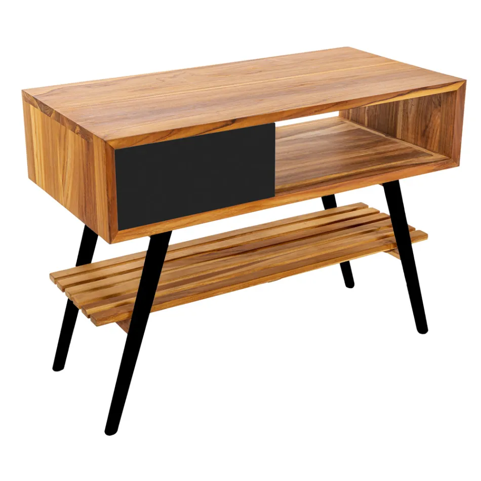 Mobile Bagno Colore Nero Moderno in Teak Naturale con Cassetti - Benoit Viadurini