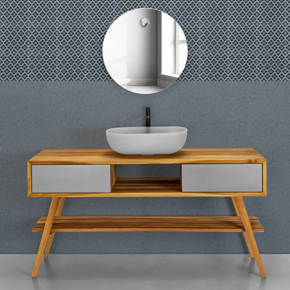 Mobile Bagno in Teak Naturale con Cassettiera Color Grigio Matt - Hamadou Viadurini