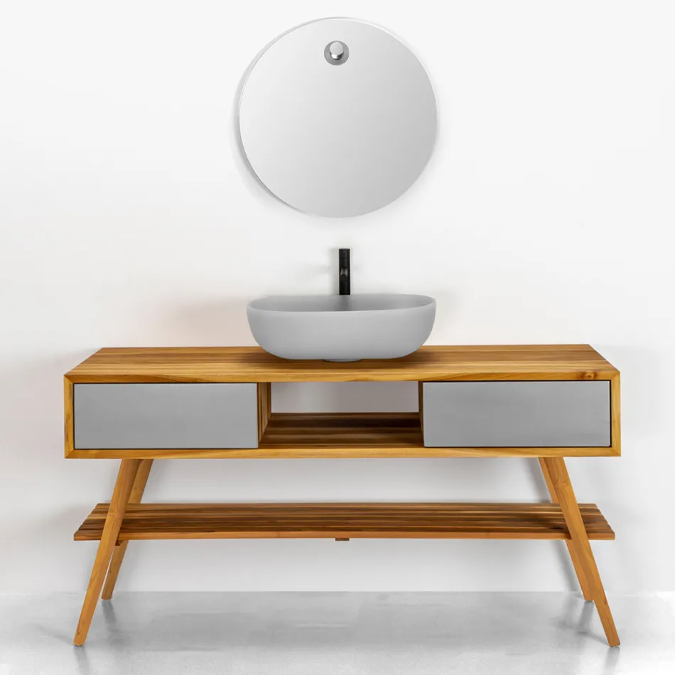 Mobile Bagno in Teak Naturale con Cassettiera Color Grigio Matt - Hamadou Viadurini