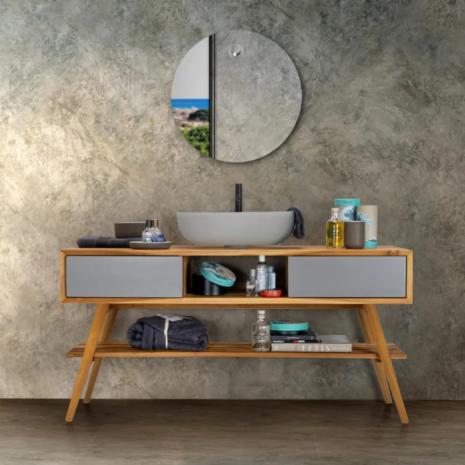 Mobile Bagno in Teak Naturale con Cassettiera Color Grigio Matt - Hamadou Viadurini