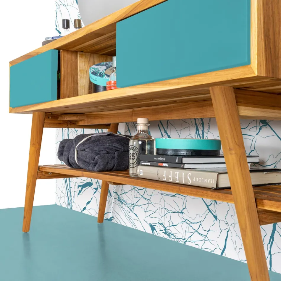 Mobile Bagno Moderno in Teak Naturale con Cassettiera Colore Blu  - Hamadou Viadurini