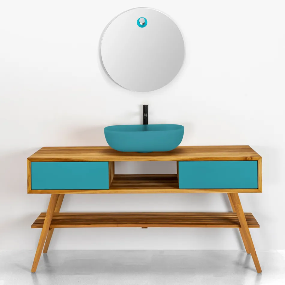 Mobile Bagno Moderno in Teak Naturale con Cassettiera Colore Blu  - Hamadou Viadurini