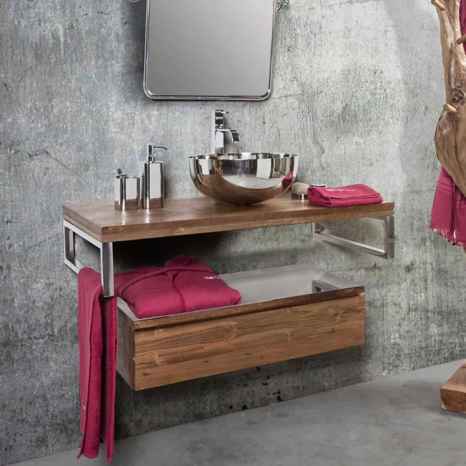 Mobile Bagno Sospeso in Teak con Portasalviette in Acciaio Inox - Saverno Viadurini