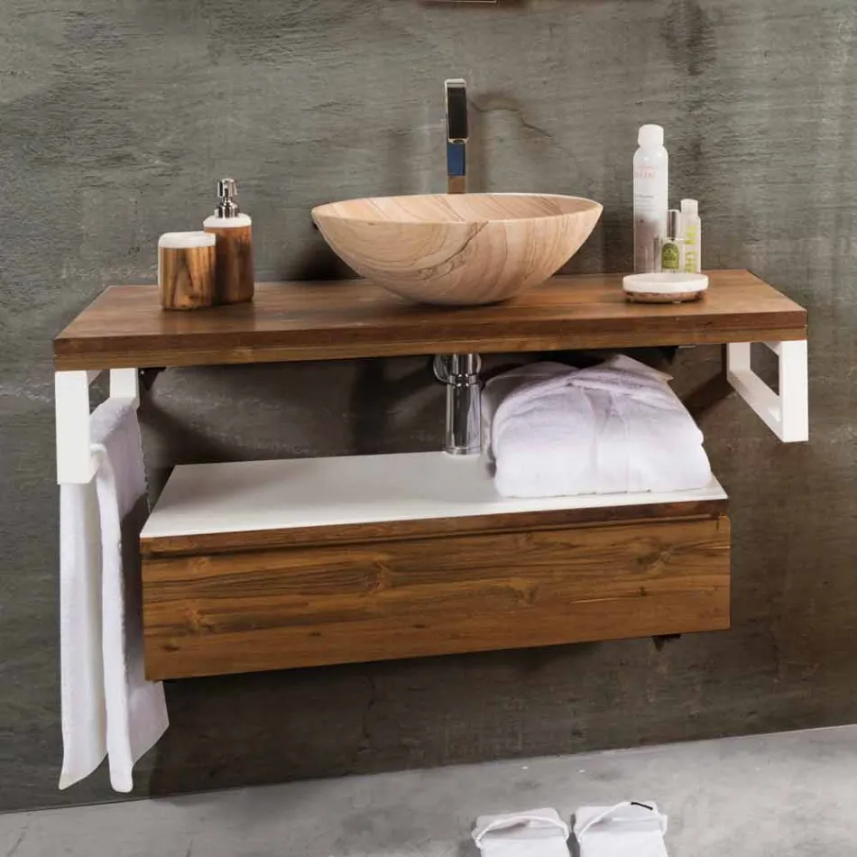 Mobile Bagno Sospeso in Teak con Portasalviette in Hi Macs® Bianco - Saverno Viadurini