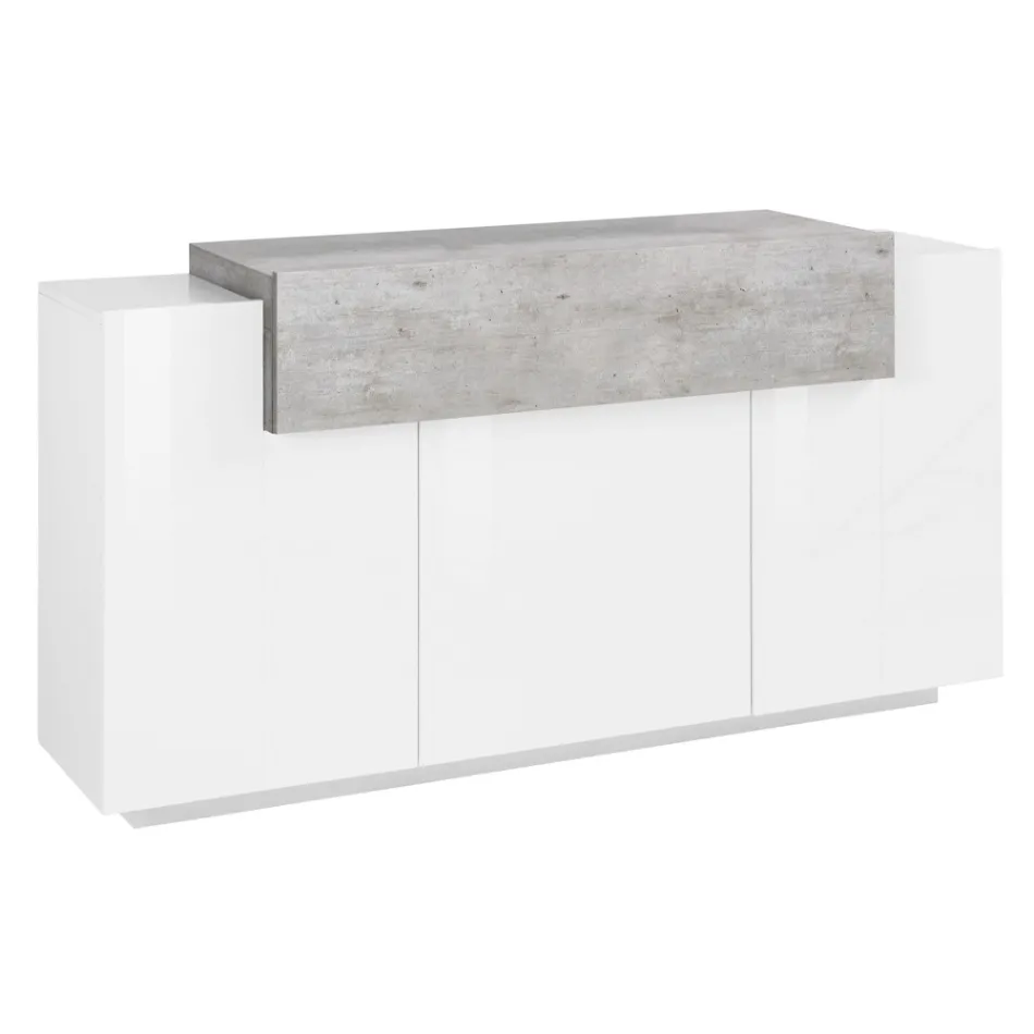 Mobile Credenza 4 Ante Legno Bianco e Antracite, Cemento o Acero - Therese Viadurini