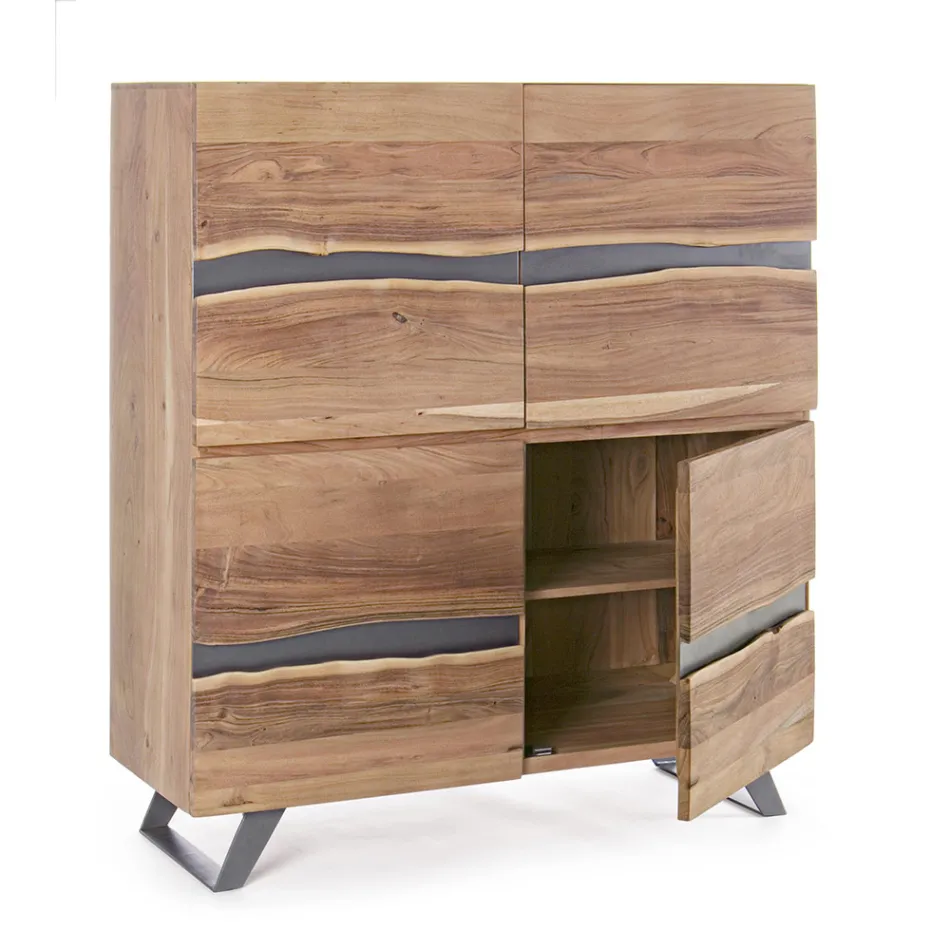 Mobile Credenza 4 Ante Legno di Acacia Naturalistico Homemotion - Maramero Viadurini