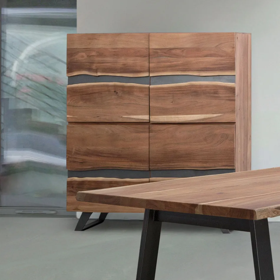 Mobile Credenza 4 Ante Legno di Acacia Naturalistico Homemotion - Maramero Viadurini
