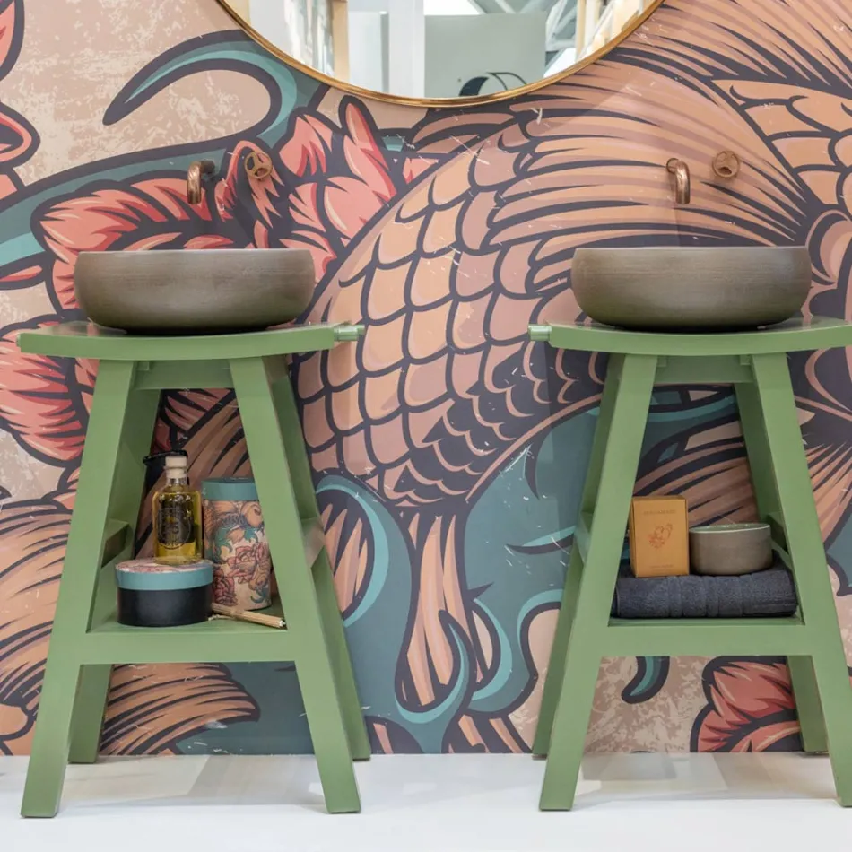 Mobile da Bagno a Terra con Finitura in Teak e Ripiano ampio Verde - Raomi Viadurini