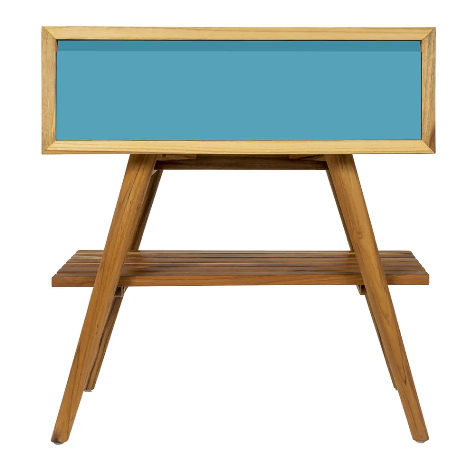 Mobile da Bagno Blu a Terra in Teak Naturale con Cassetto Colorato - Gatien Viadurini