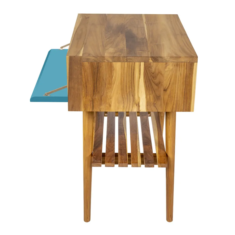 Mobile da Bagno Blu a Terra in Teak Naturale con Cassetto Colorato - Gatien Viadurini