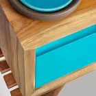 Mobile da Bagno Blu a Terra in Teak Naturale con Cassetto Colorato - Gatien Viadurini