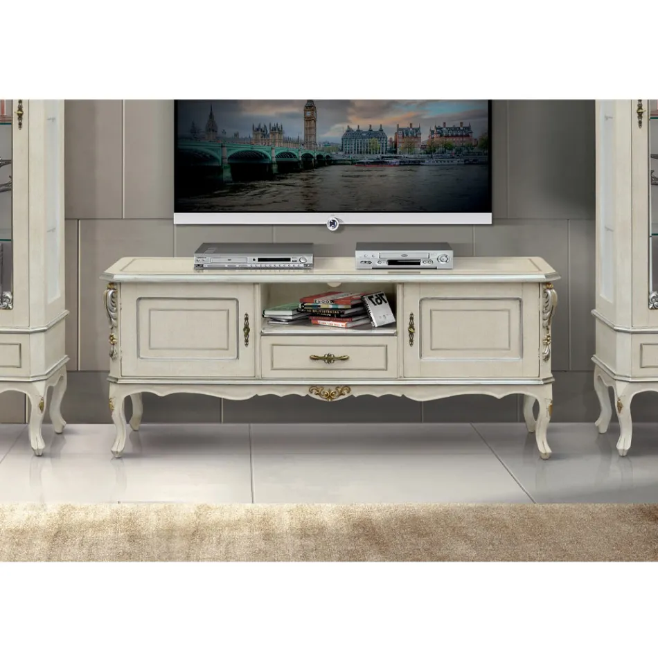 Mobile Porta Tv di Lusso Legno Bianco e Argento Made in Italy - Cheverny Viadurini