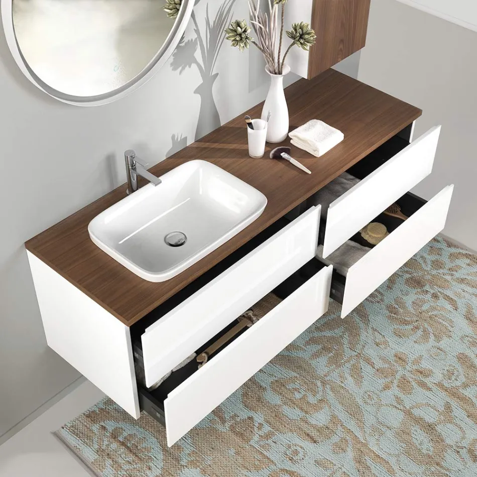 Mobili Bagno in Legno Bianco e Noce e Ceramica 156 cm Made in Italy - Renga Viadurini