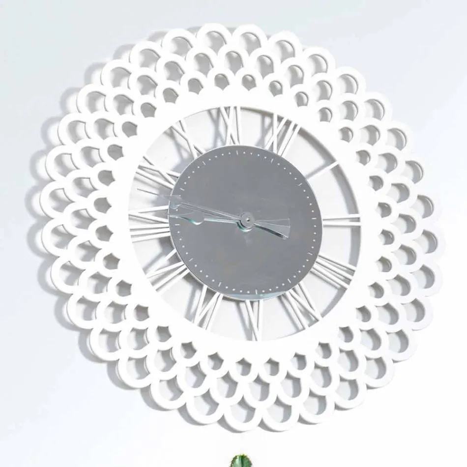 Orologio a Muro in Legno Bianco Design Floreale Grande e Moderno - Gerbera Viadurini