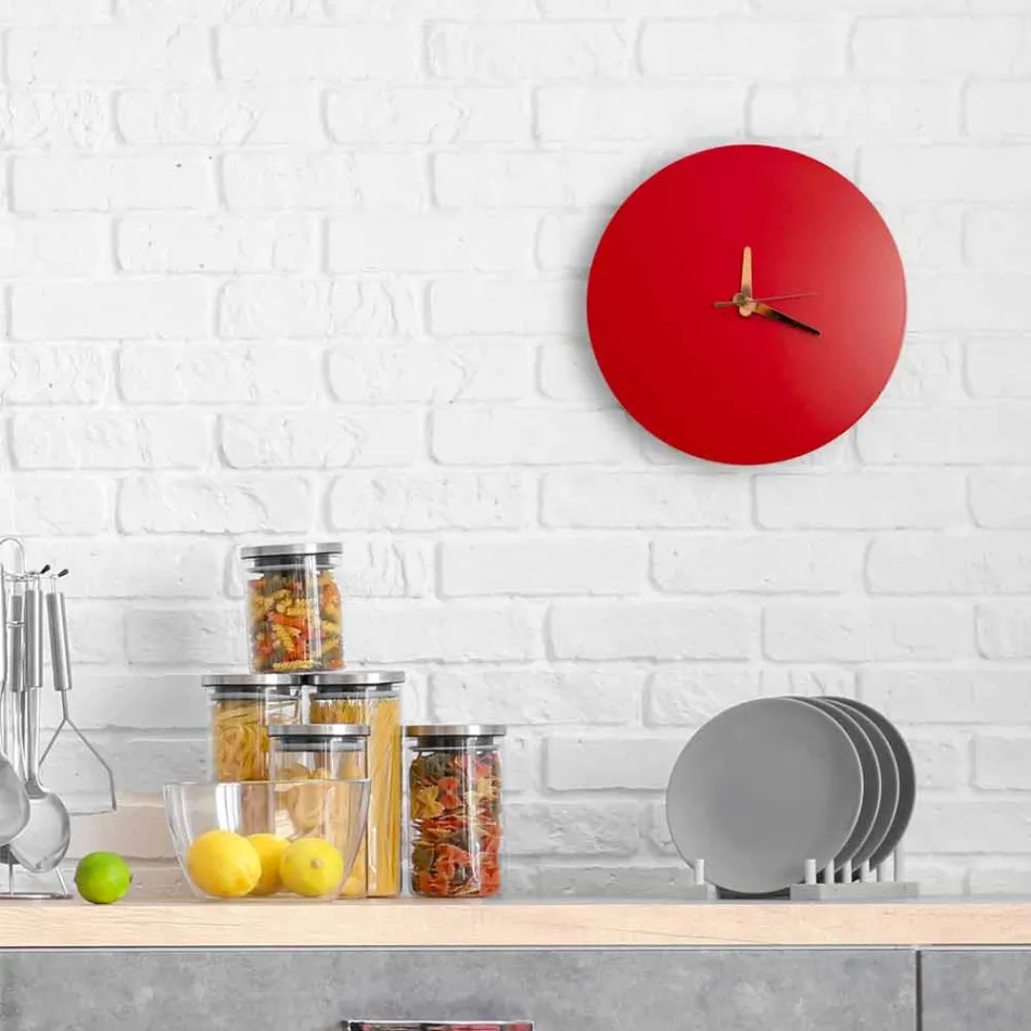Orologio a Muro Rosso dal Design Italiano Rotondo e Moderno in Legno - Callisto Viadurini