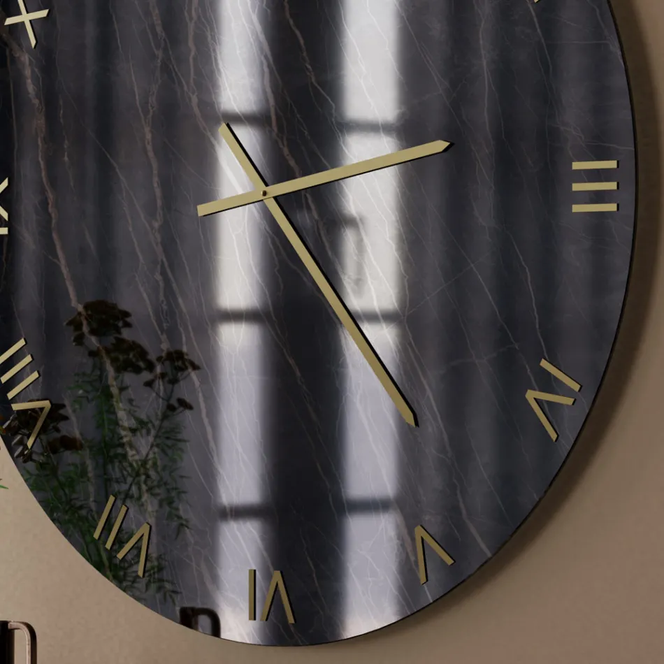 Orologio da Parete in Vetro Effetto Marmo Blck Gold con Lancette in Ottone - Cortex Viadurini