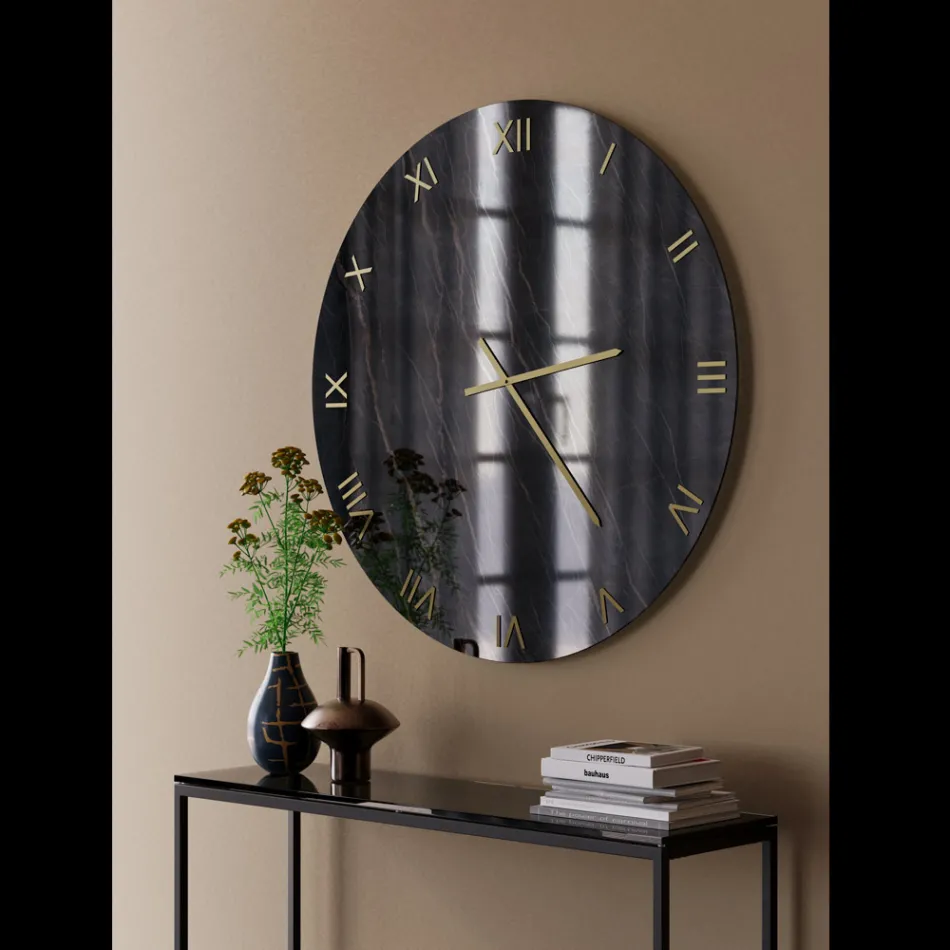 Orologio da Parete in Vetro Effetto Marmo Blck Gold con Lancette in Ottone - Cortex Viadurini