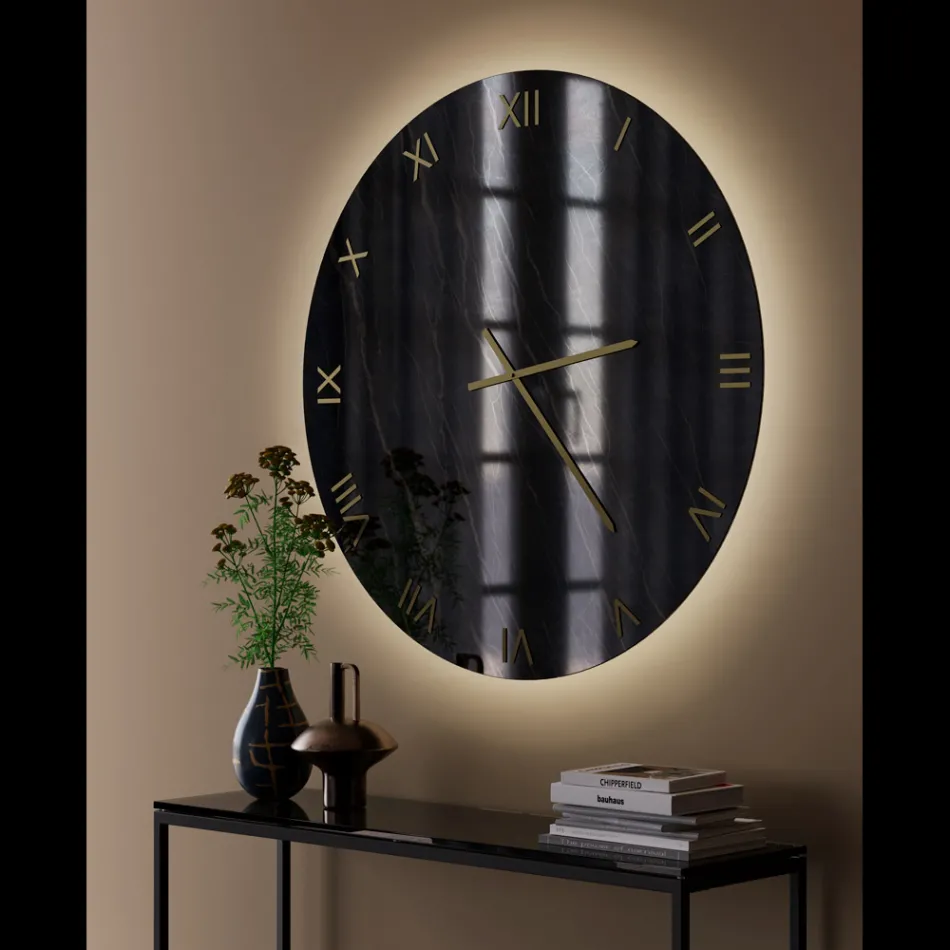 Orologio da Parete in Vetro Effetto Marmo Blck Gold con Lancette in Ottone - Cortex Viadurini