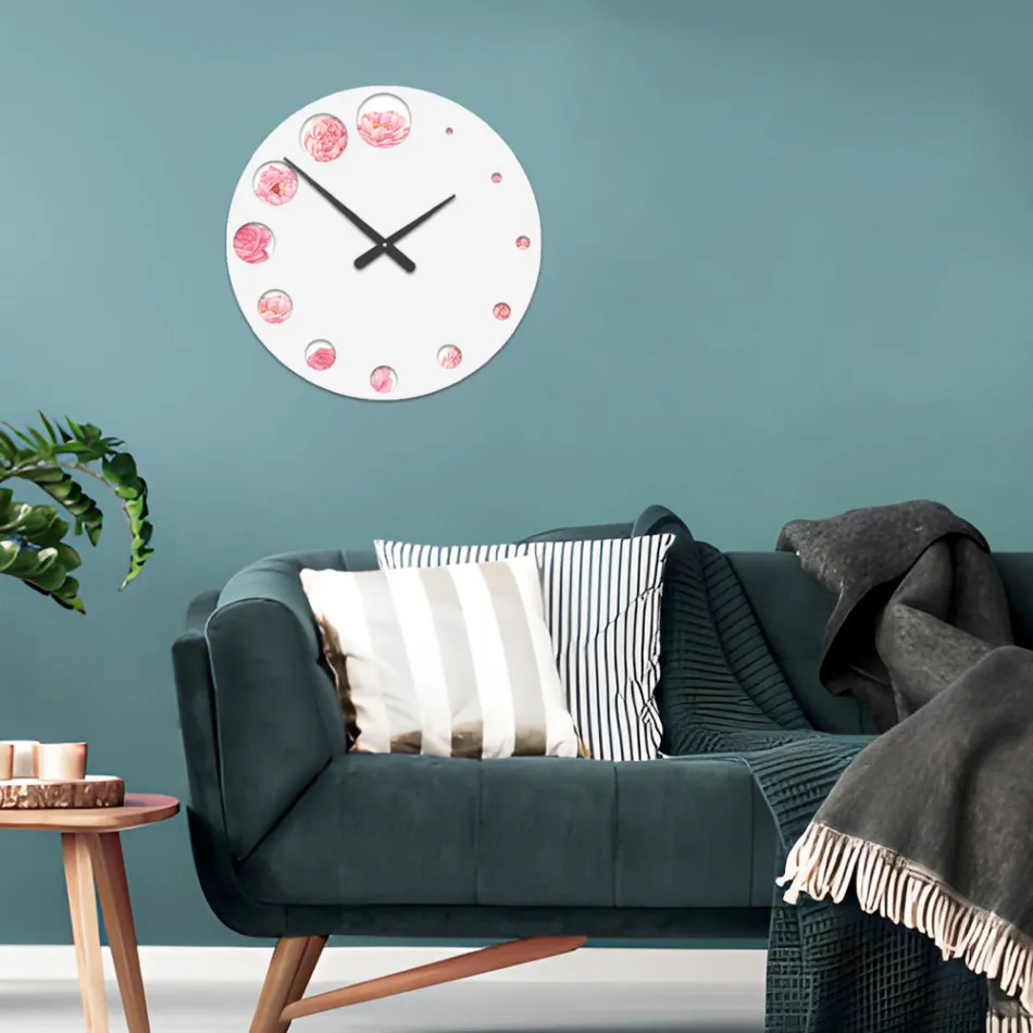 Orologio in Legno con Stampa di Fiore Camelia Made in Italy - India Viadurini